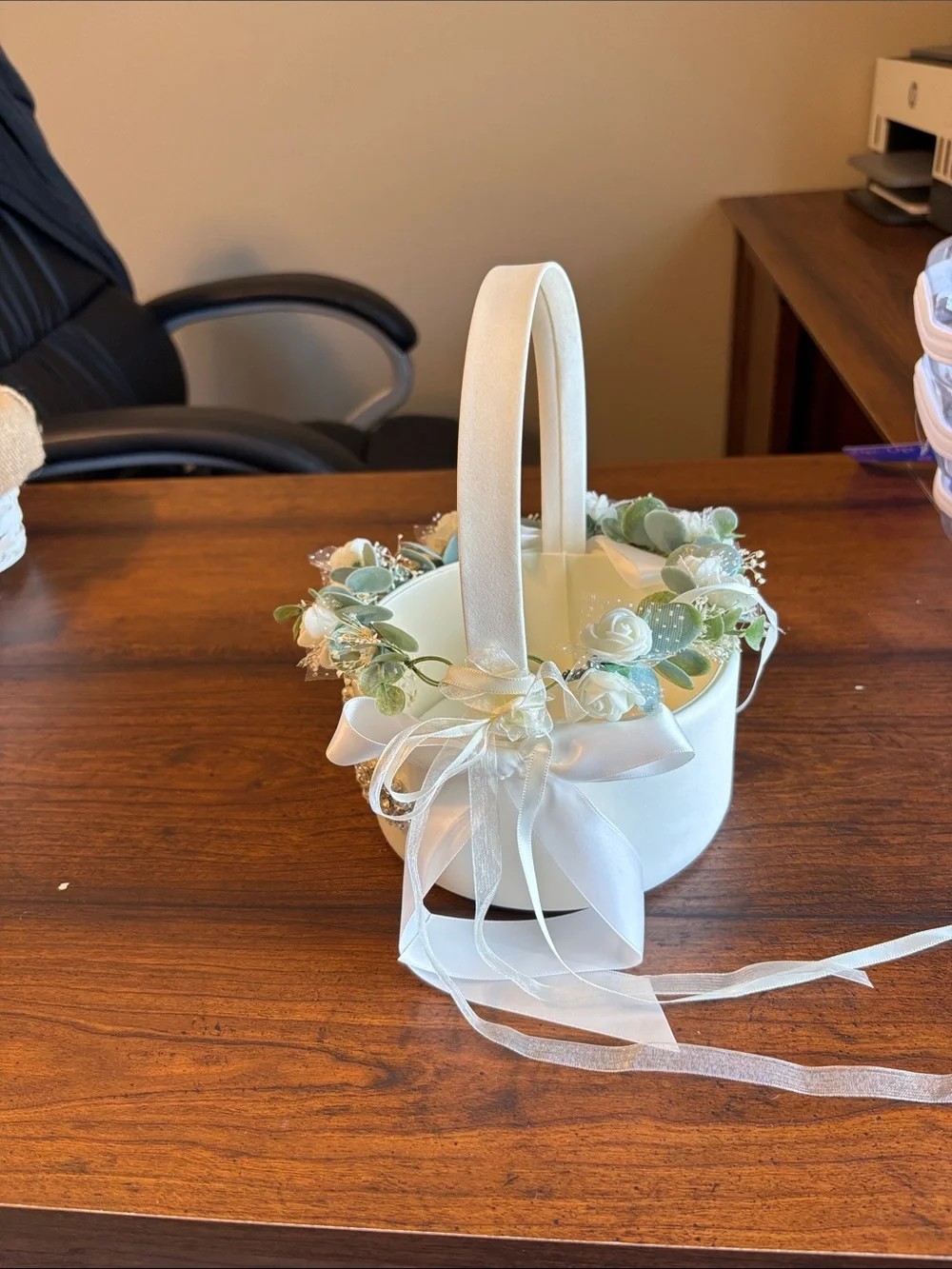 Ivory Flower Girl Basket with White Ribbon and Greenery